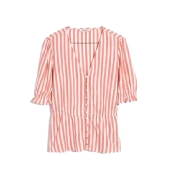 Madewell Tops - 𝅺MADEWELL V-Neck Peplum Top in Light Red/White Stripe - Small